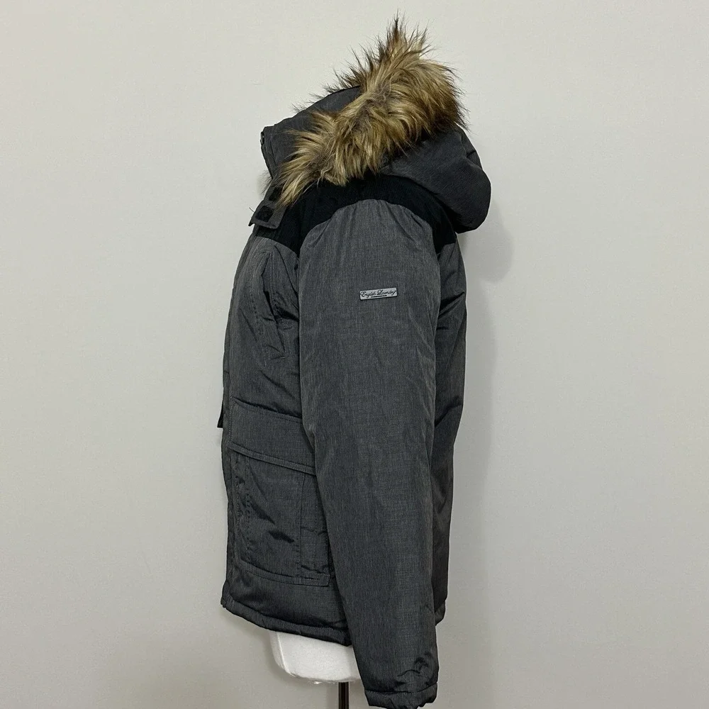 English Laundry Womens Jacket L Charcoal Gray Puffer Hooded Faux Fur Parka READ